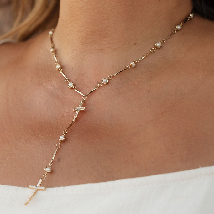 Perla Double Cross Drop Necklace – Gold-Filled Pearl & CZ Layered Necklace | Truly Blessed Jewels - Truly Blessed Jewels