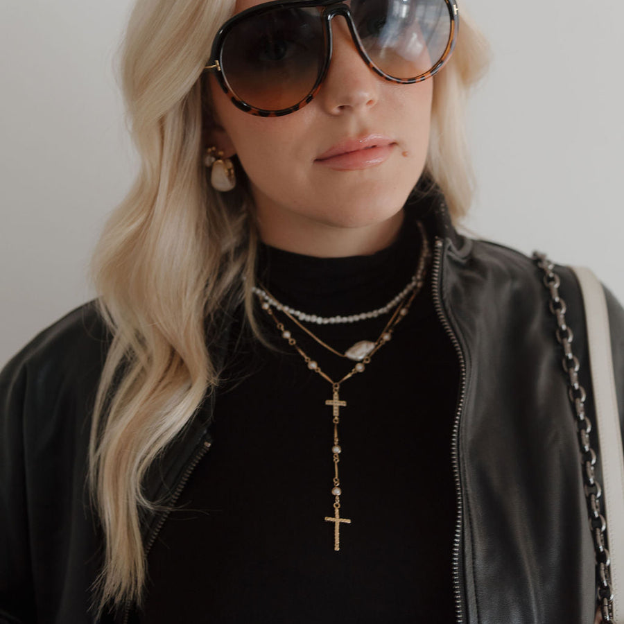 Perla Double Cross Drop Necklace – Gold-Filled Pearl & CZ Layered Necklace | Truly Blessed Jewels - Truly Blessed Jewels