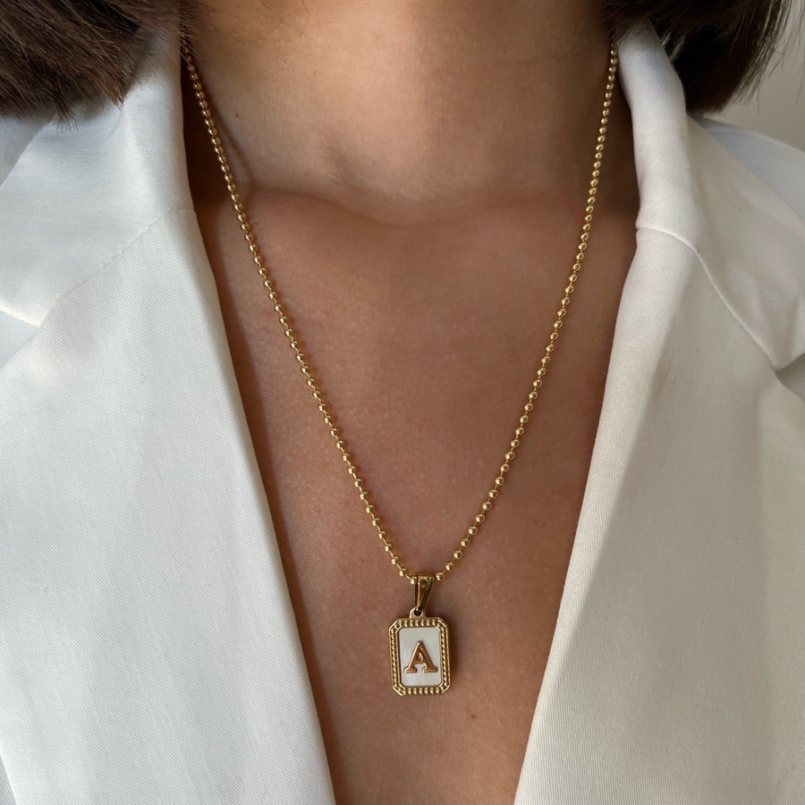 Mother of Pearl Hand Carved Initial Necklace in Gold – Samanca Jewelry